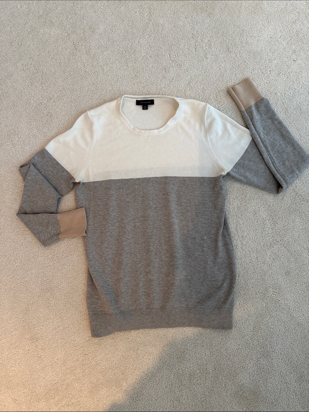Ann Taylor Colorblock Crewneck Sweater Minimalist White, Gray, Tan